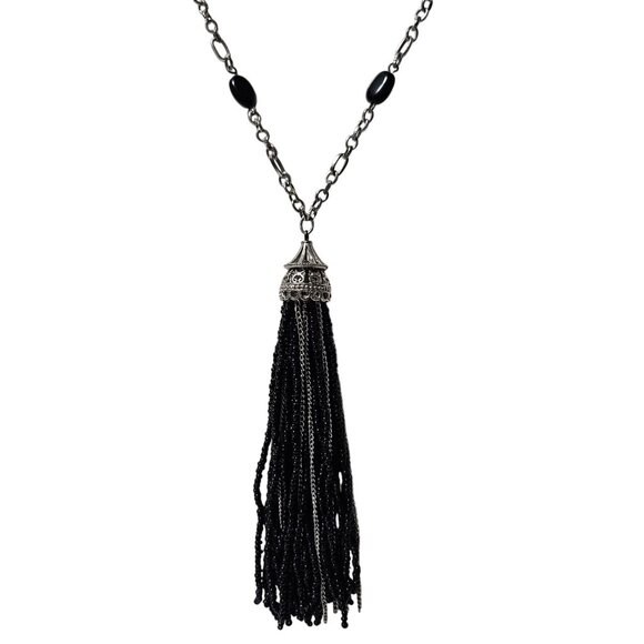 Elegant Black Tassel Pendant Statement Necklace Bead Accents Silver Tone Chain - Picture 1 of 6